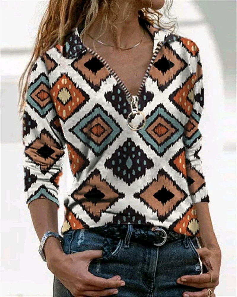 European And American Autumn And Winter Retro Printing Long-sleeved V-neck Zipper Casual Pullover Top