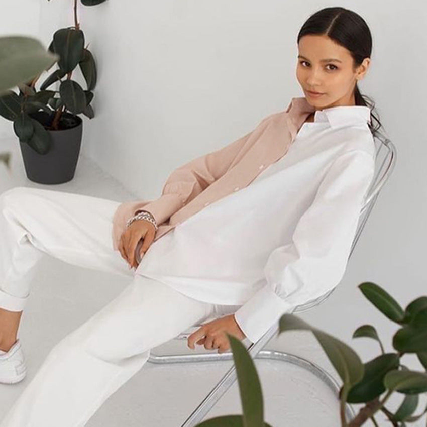 Temperament Commuter Long-sleeved Simple Niche Design Sense Stitching Contrast Color Ladies Shirt