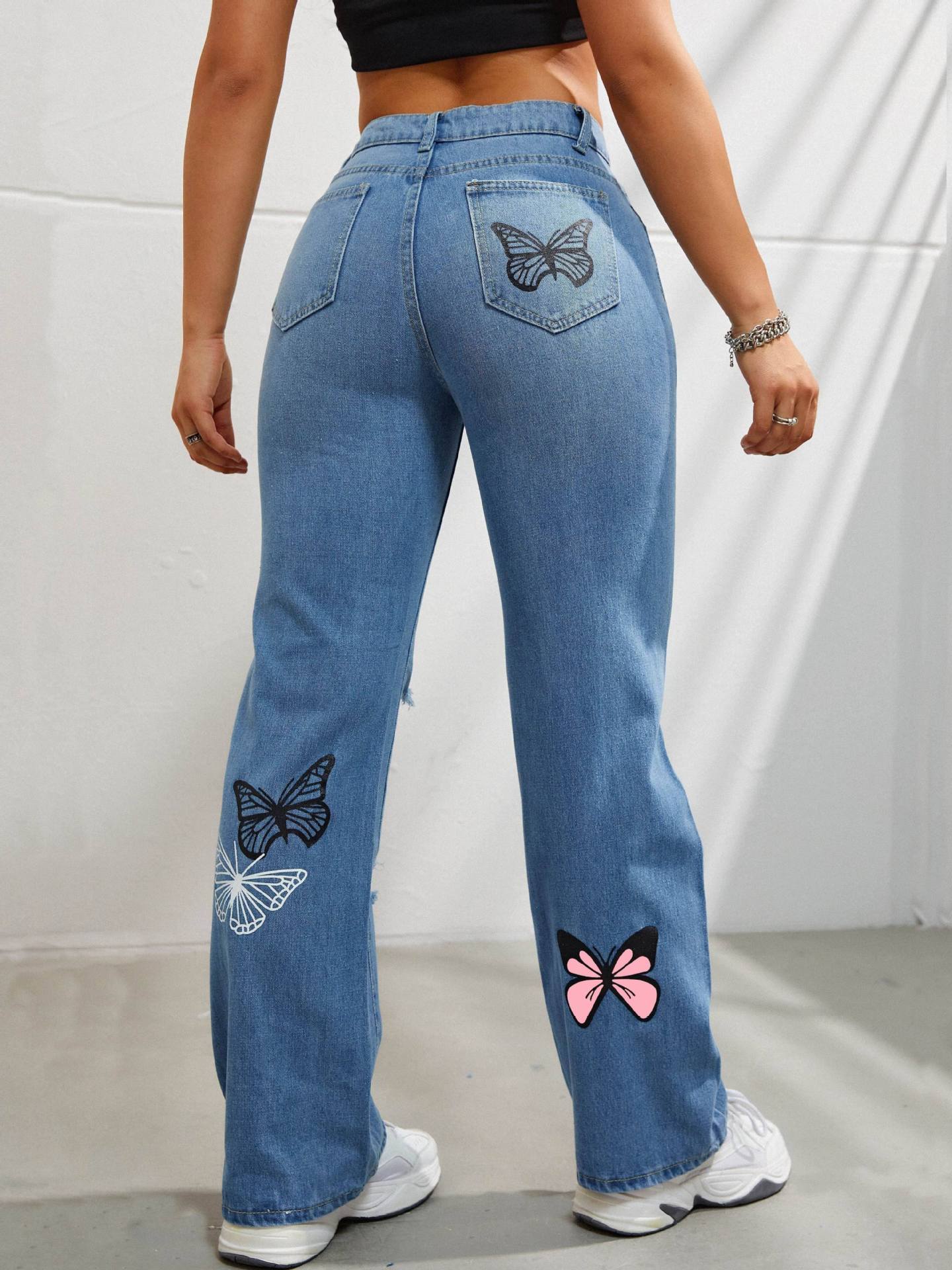 High Waisted Straight Leg Jeans For Women. Trendy Butterfly Print Ripped Distressed Denim Pants
