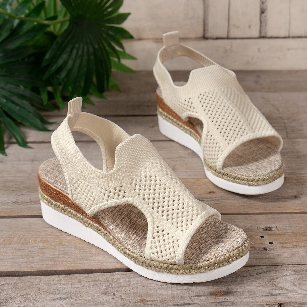 New Summer Hollow Wedges Sandal. Woven Breathable Mesh Peep-Toe Women Shoes.