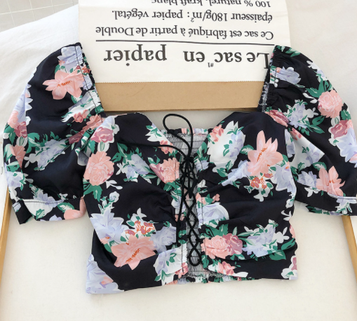 Summer Short Sleeve Floral Blouse with Puff Sleeves