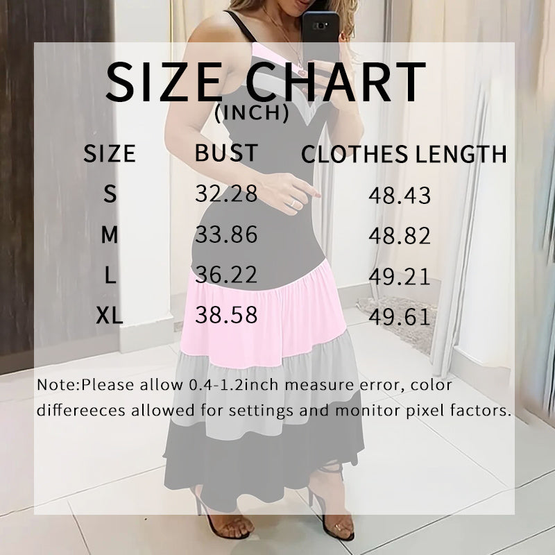 Women's Summer Casual Sleeveless Dress. V Neck Color Block Spaghetti Strap Maxi Long Dress