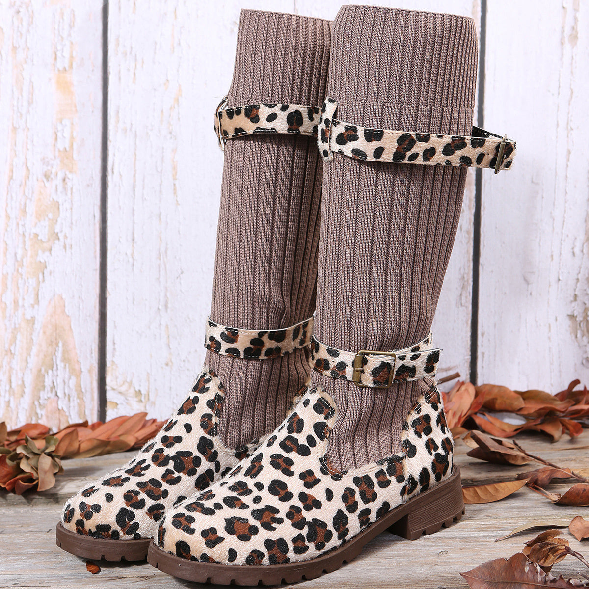 Leapard Winter Mid Calf Women Sock Boots