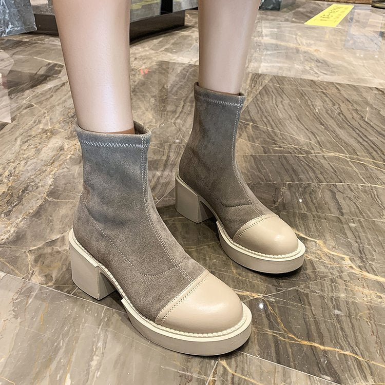 Women Short Thick Heel Boots with Stitching