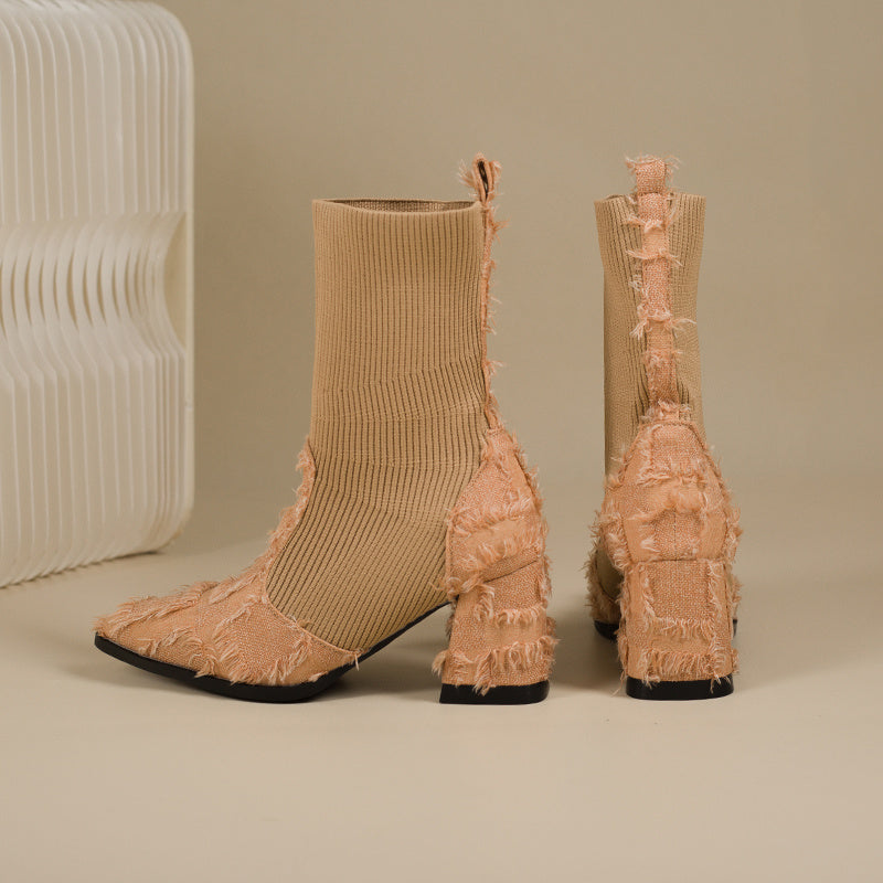 Women's Fringe And Knit Combination Mid-Calf Boots, Boho Chunky Block Heels