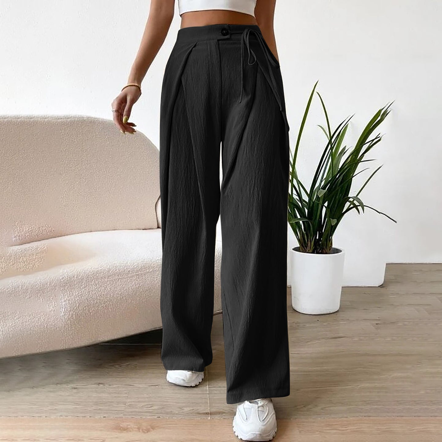 Women's High Waist Drawstring Patchwork Pants. Wide-leg Casual Straight Pants