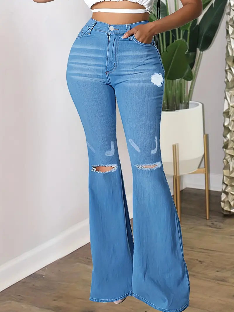 Blue High Waist Flared Ripped Denim Pants for Women