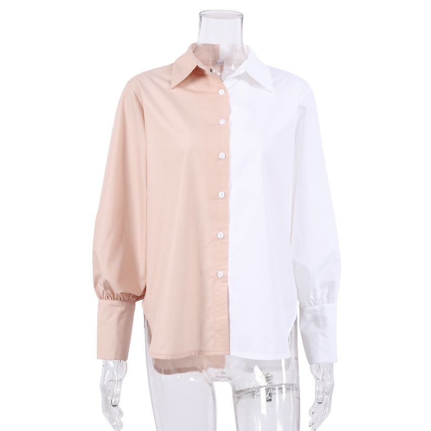 Temperament Commuter Long-sleeved Simple Niche Design Sense Stitching Contrast Color Ladies Shirt
