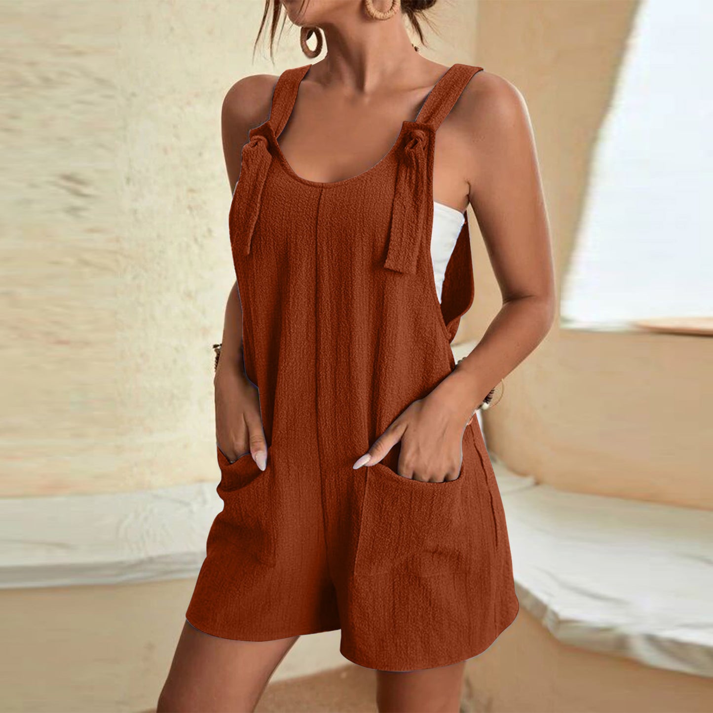 Women Summer Jumpsuit Rompers. Casual Suspender Solid color Overalls With Pockets Pants