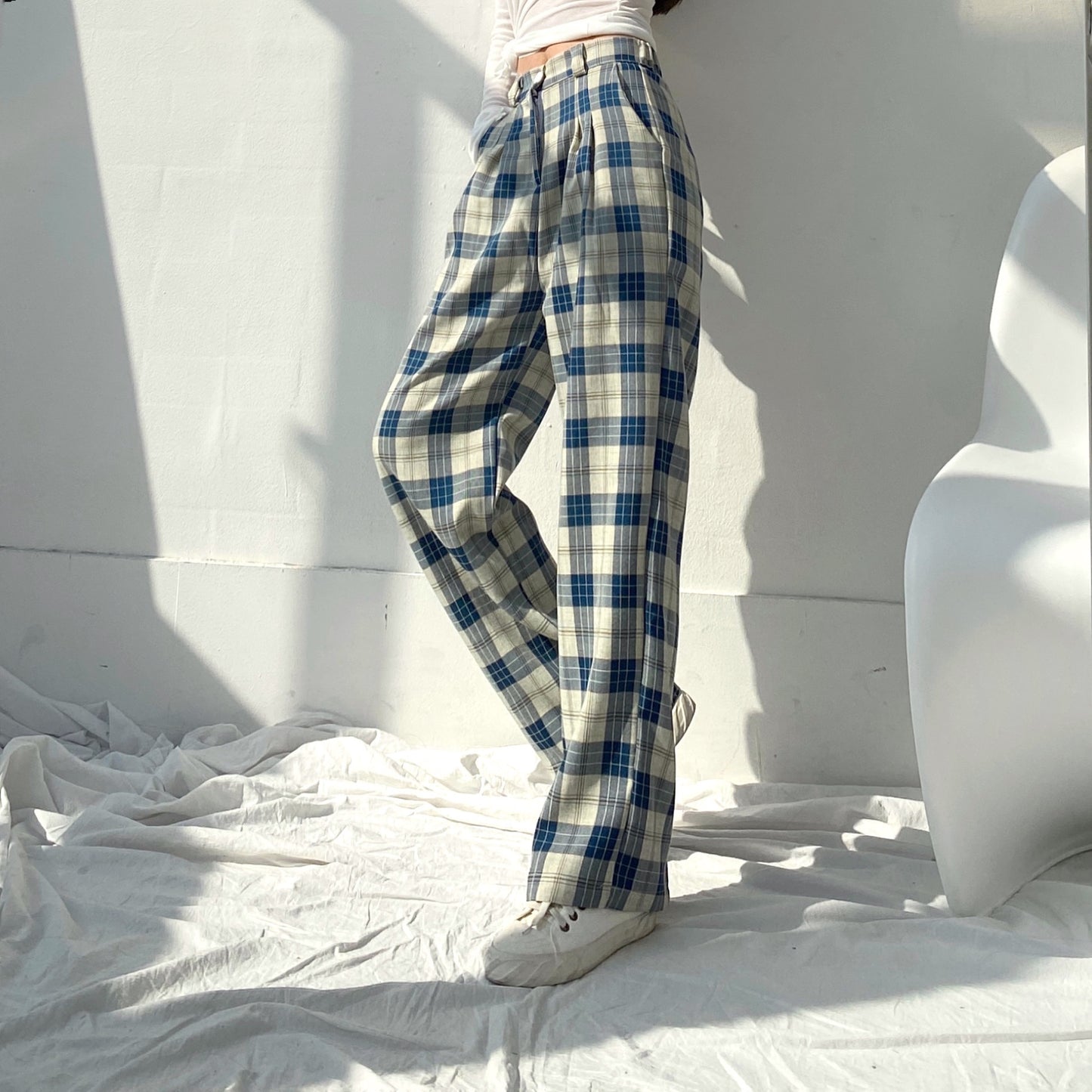Ice Silk High Waist Plaid Pants. Korean Loose Wide-leg Pants