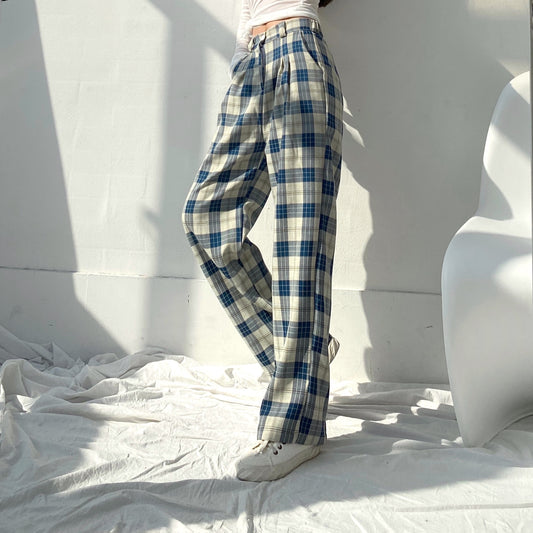 Ice Silk High Waist Plaid Pants. Korean Loose Wide-leg Pants