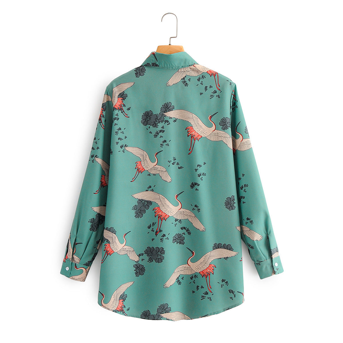 European and American Crane Print Casual Loose Pocket Shirt