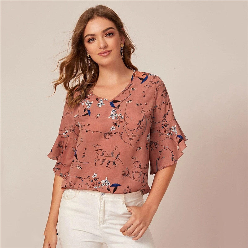 Floral print shirt with lotus leaf sleeve