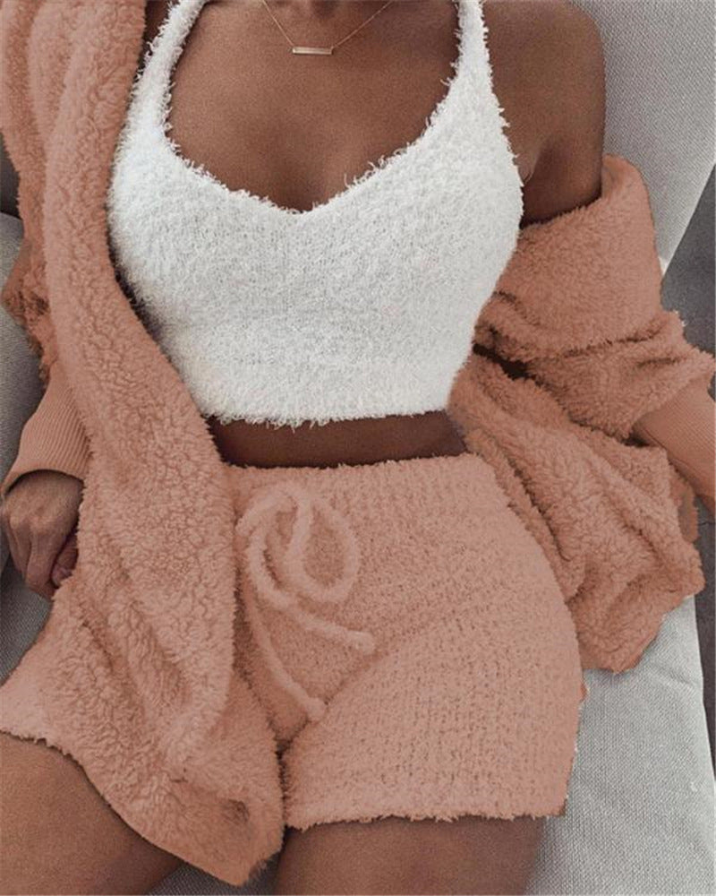 3pcs Womens Long Sleeve Crop Tank Top Clothing, Pajama Set