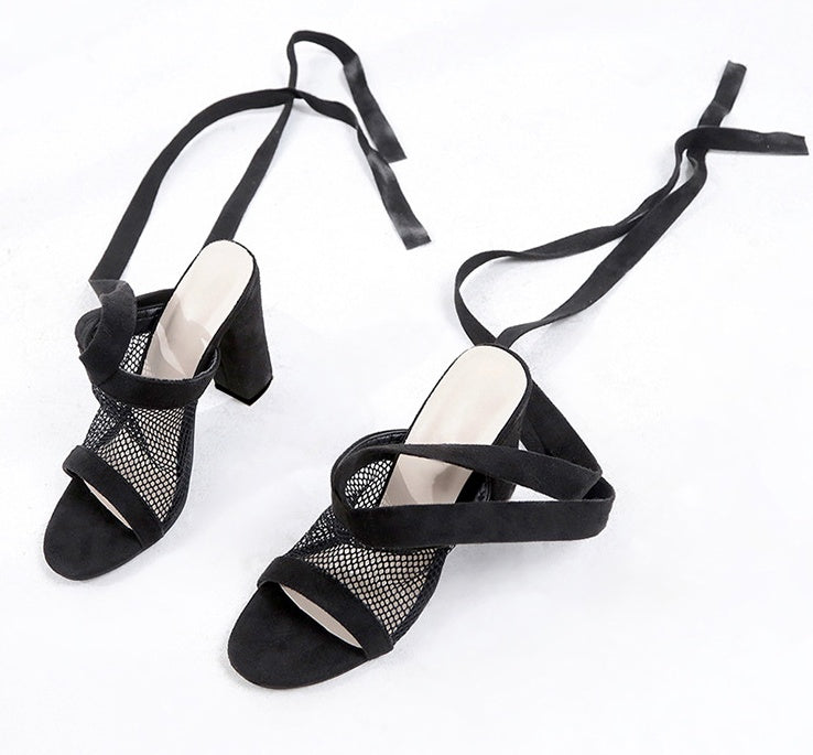 Women Bandage Flock Cross Strap Lace Up High Heels Sandals