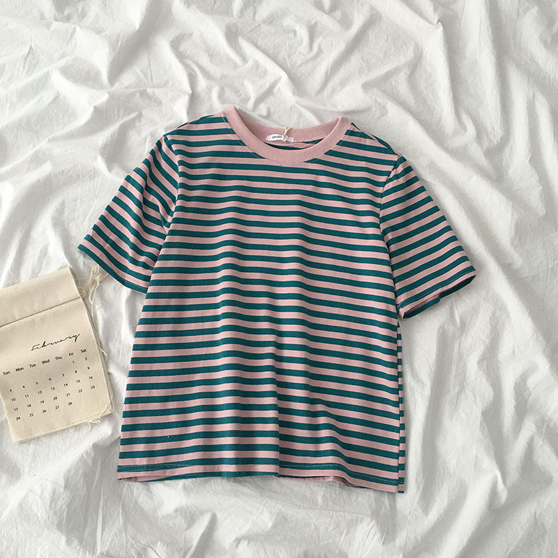 Round neck pullover striped short sleeves
