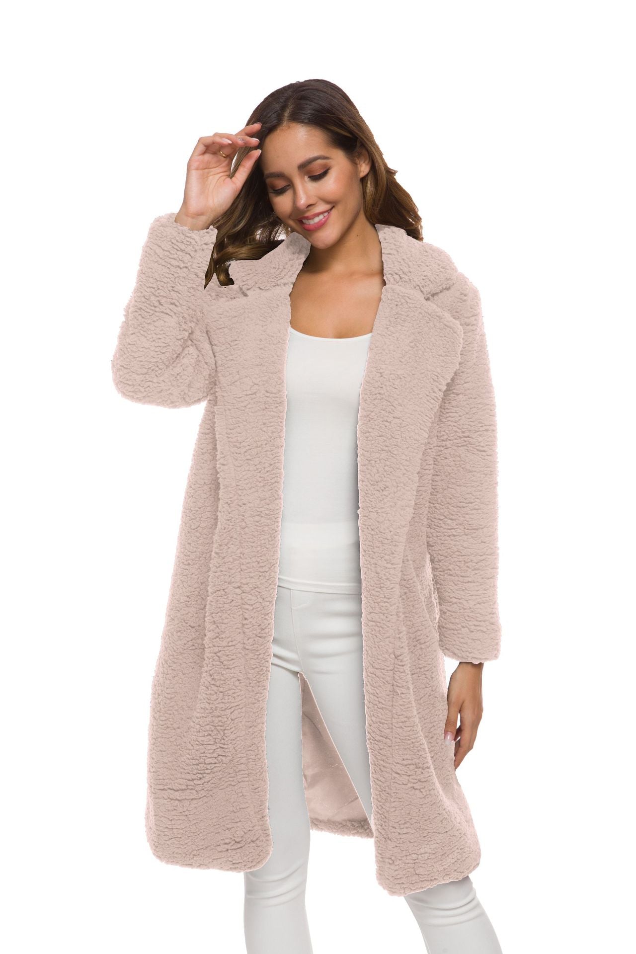 Women's Long Lamb Fleece Coat with Lapel Cardigan