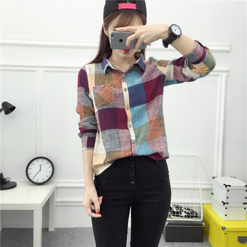 Plaid Women Kimono Vintage, Cotton Long Sleeve Blouse