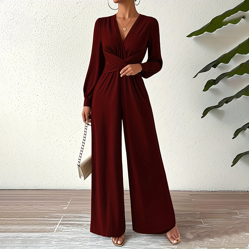 Elegant Jumpsuit With Cross V-Neck & Long Sleeve. Solid Color Belted Wide Leg Pantsuit For Office And Formal