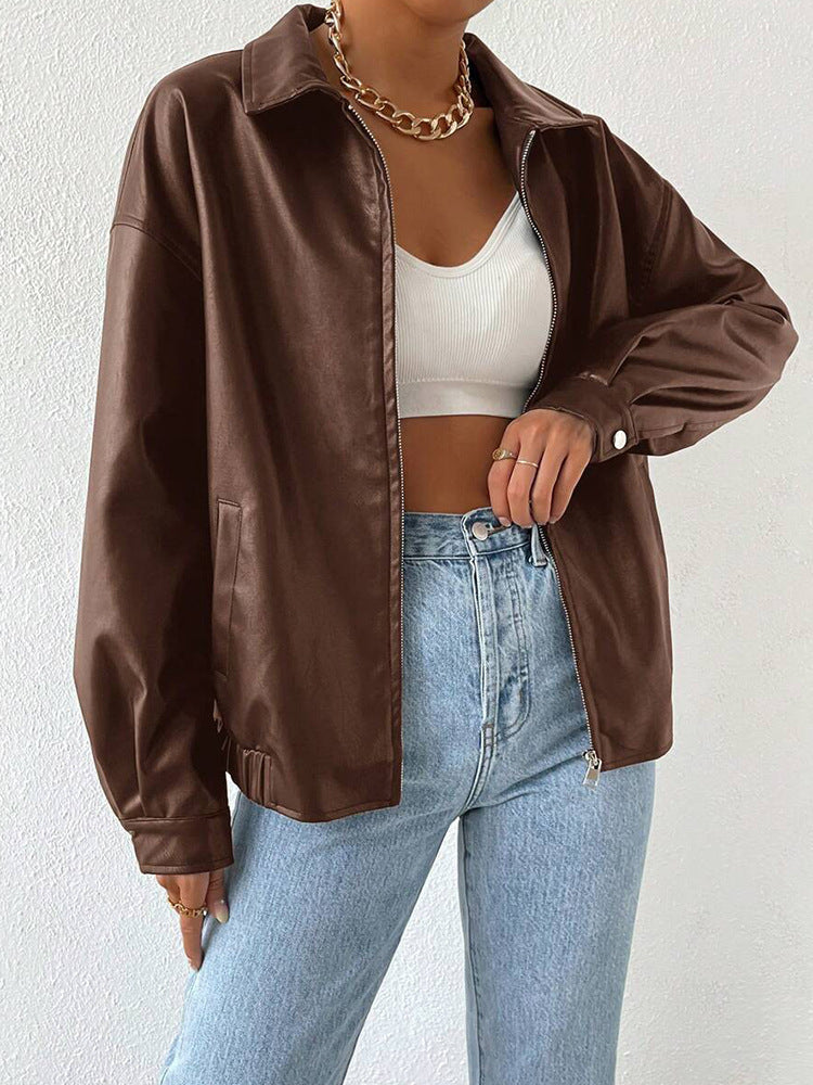 PU Leather Coat. Retro Biker's Long Sleeve Zipper Lapel Jacket