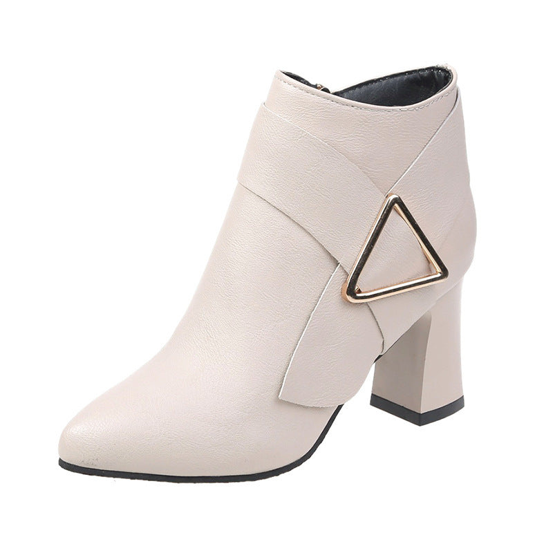High heels pointed toe all-match solid color leather boots