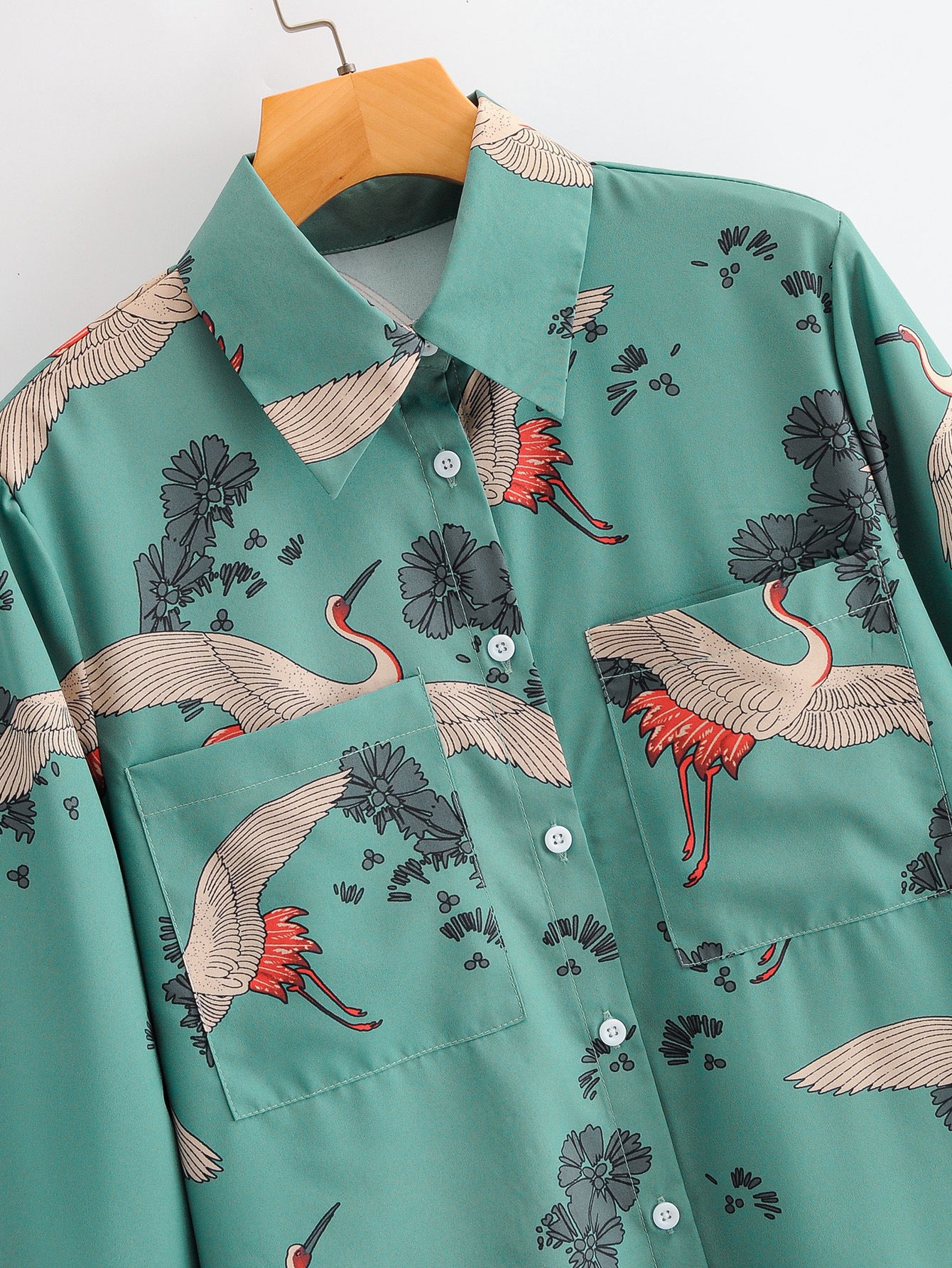 European and American Crane Print Casual Loose Pocket Shirt
