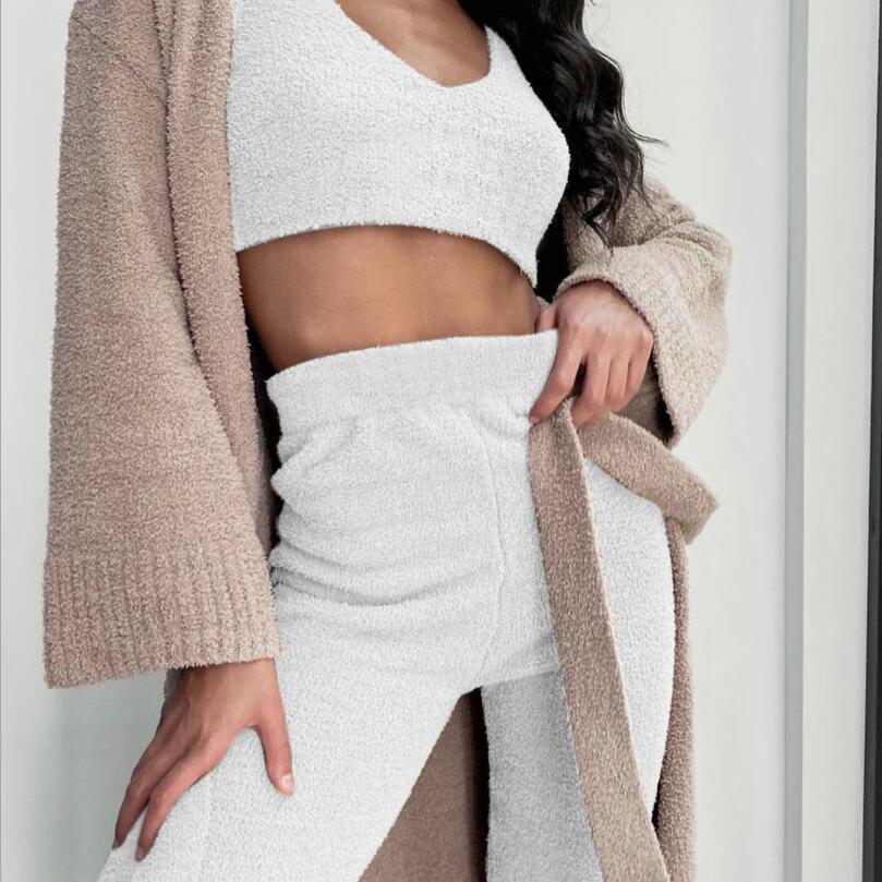 3pcs Womens Long Sleeve Crop Tank Top Clothing, Pajama Set