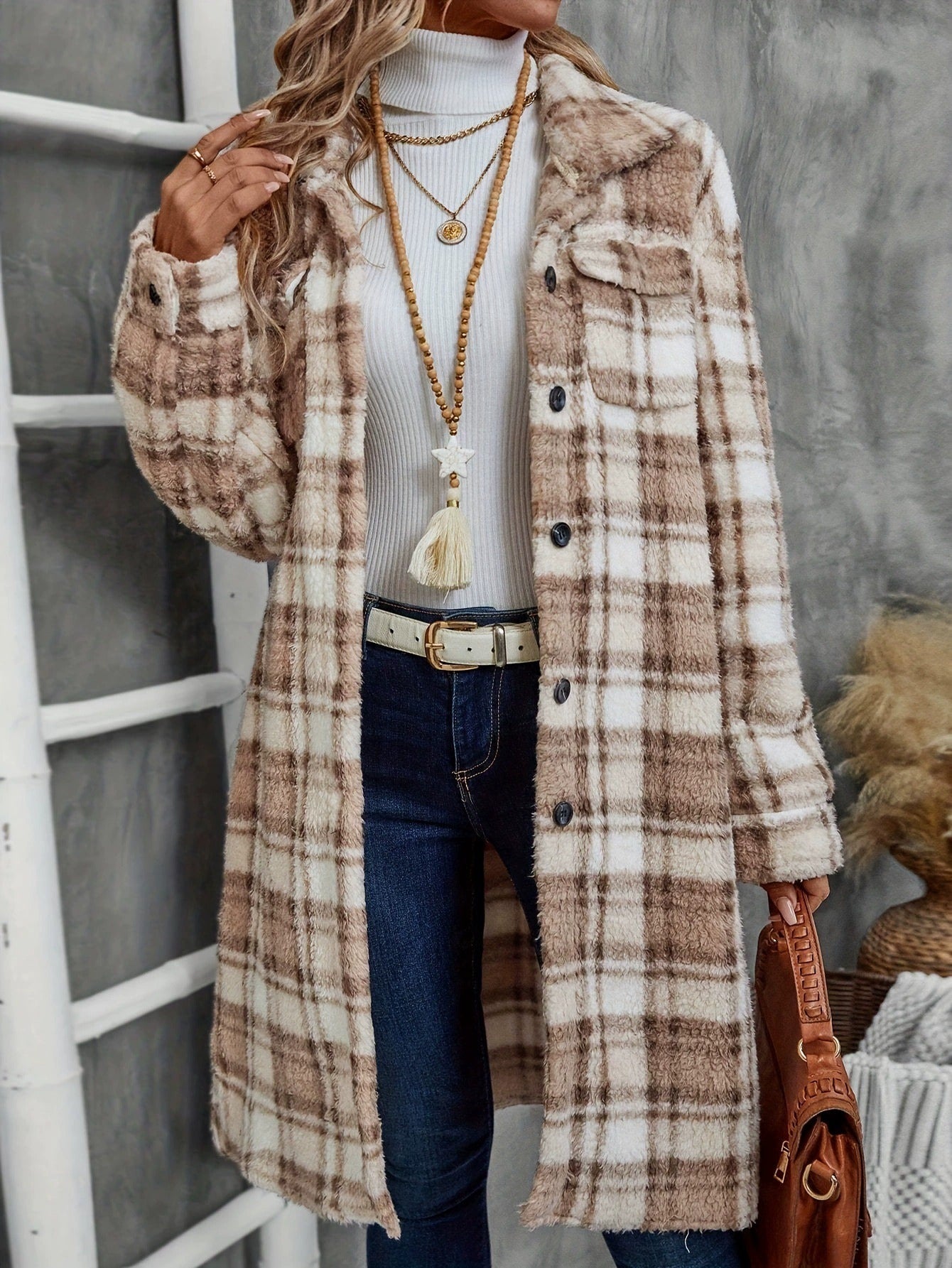 Women's Plaid Long Double-sided Pocket Button Coat