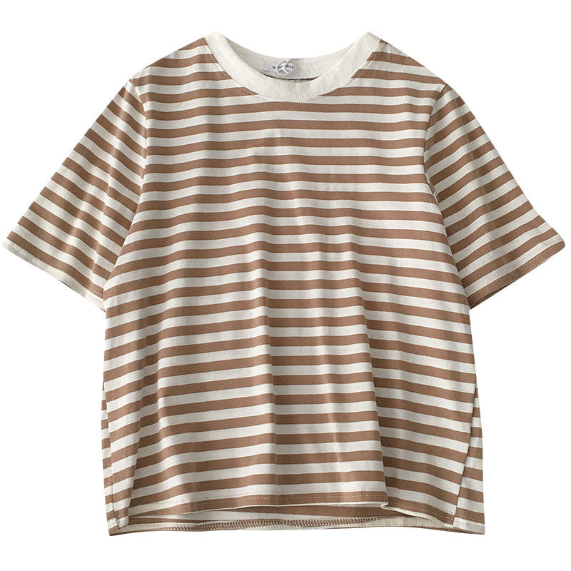 Round neck pullover striped short sleeves
