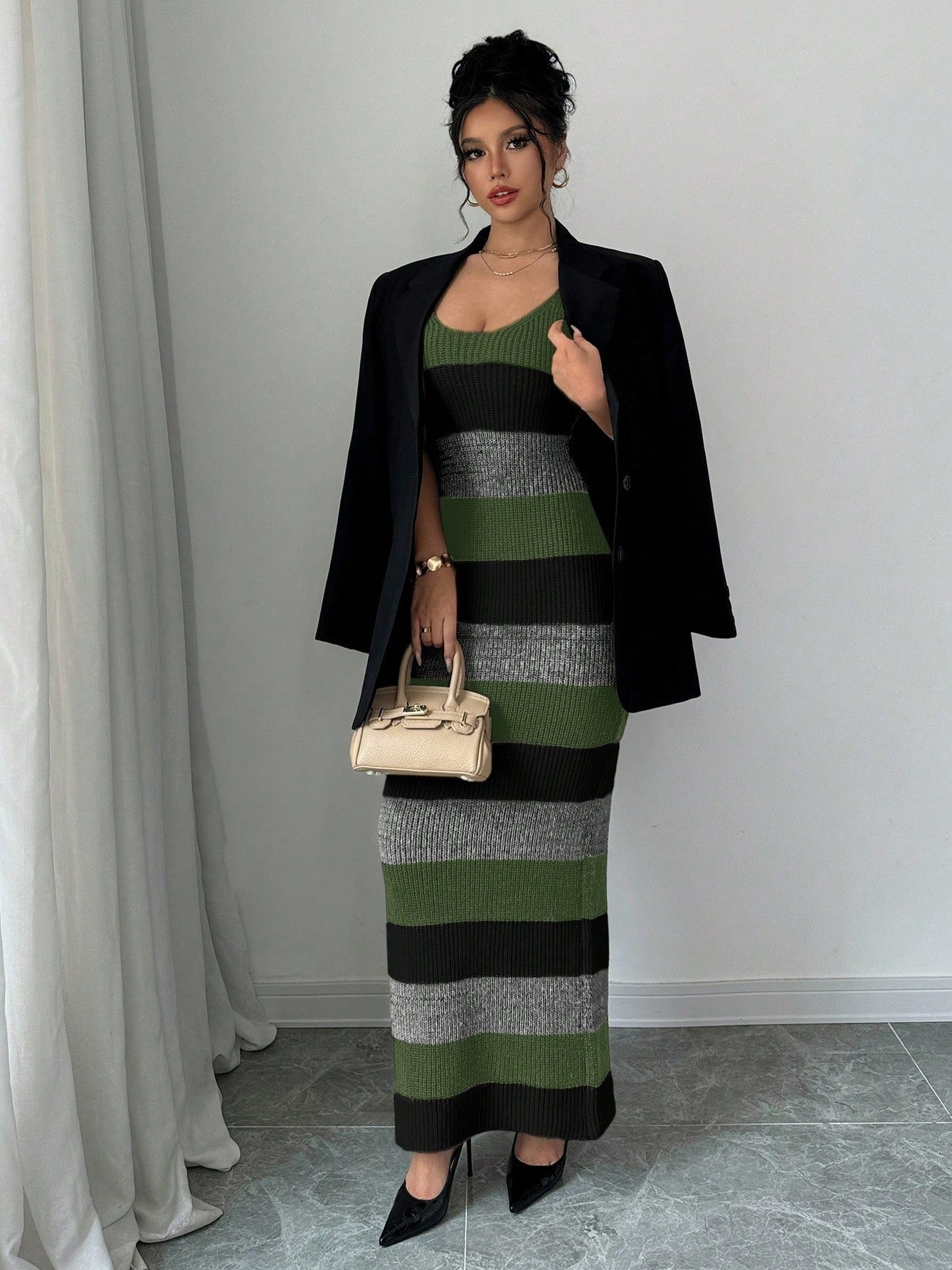 Striped Contrast Color Suspender U-neck Long Knitted Dress
