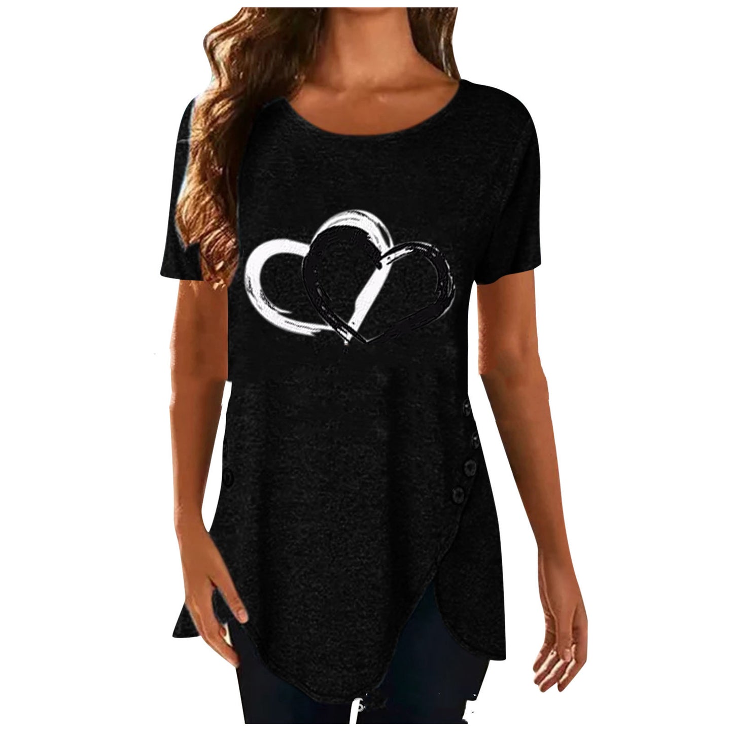 Love Print Irregular Button Short Sleeved T shirt