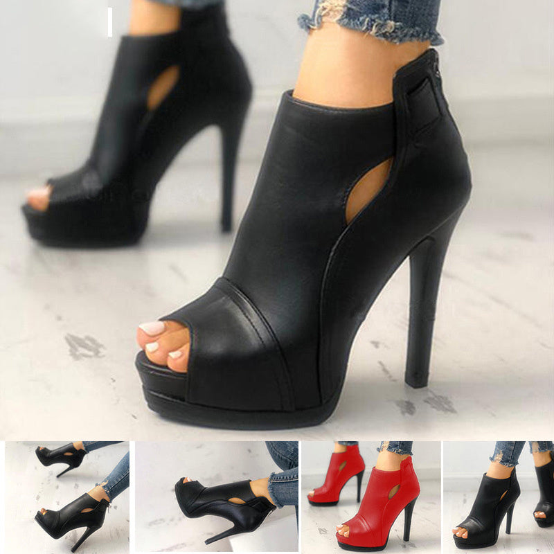 Women Hollow Square Heel Office Shoes. Platform Breathable Boots