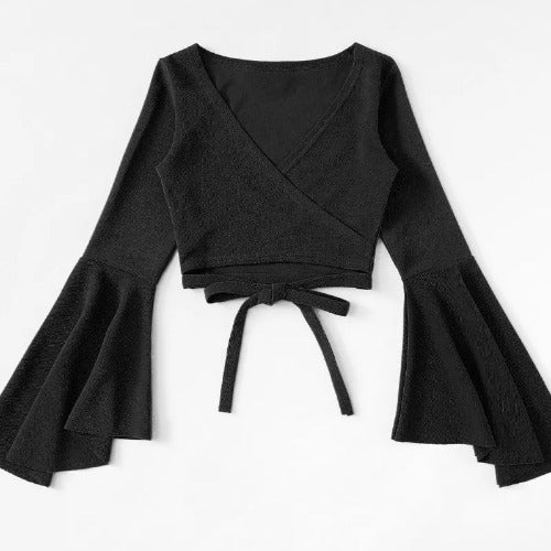 Flared Sleeve Lace Up Navel Exposed Long Sleeve T-Shirt For Women