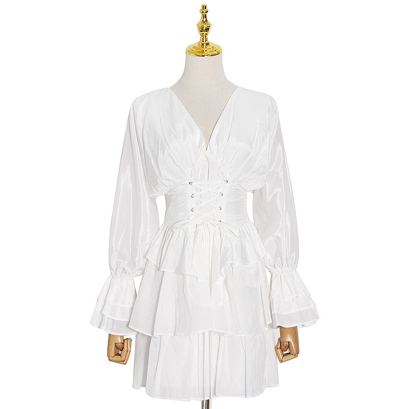 European And American Fashion Sexy Deep V-neck Solid Color Waist Slimming Dress