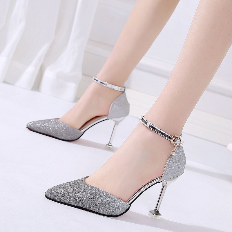 Sequin Pointed High Heels Stiletto Bridal Hollow Shoes. Word Buckle Banquet