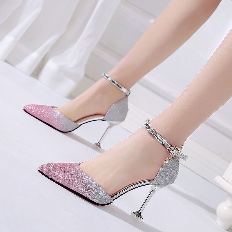Sequin Pointed High Heels Stiletto Bridal Hollow Shoes. Word Buckle Banquet