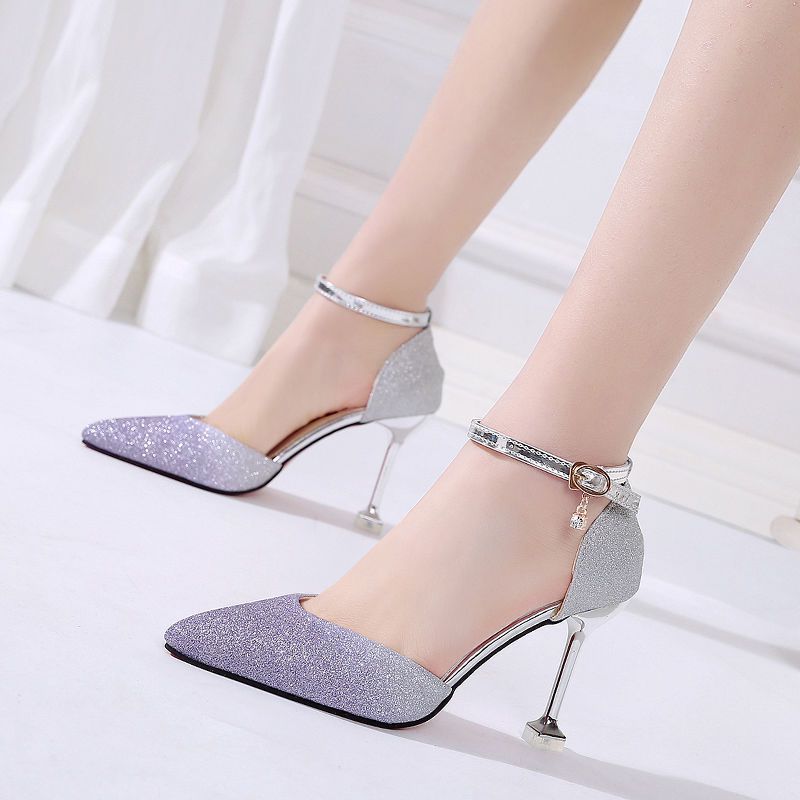 Sequin Pointed High Heels Stiletto Bridal Hollow Shoes. Word Buckle Banquet