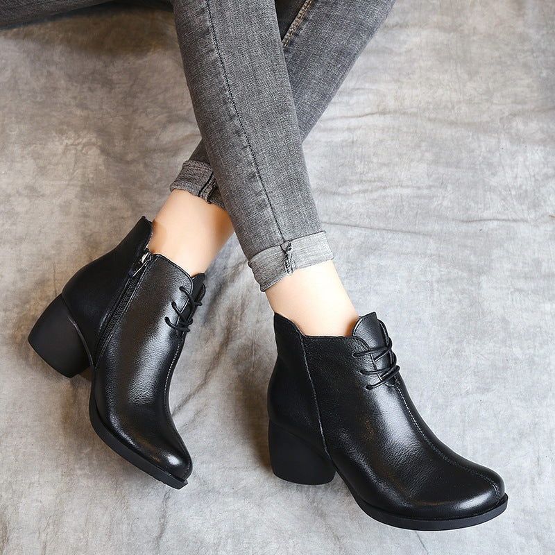 New Retro Comfortable Thick Heel Women Leather Boots