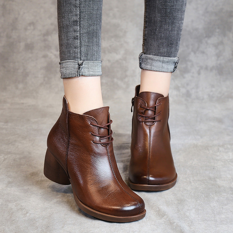 New Retro Comfortable Thick Heel Women Leather Boots