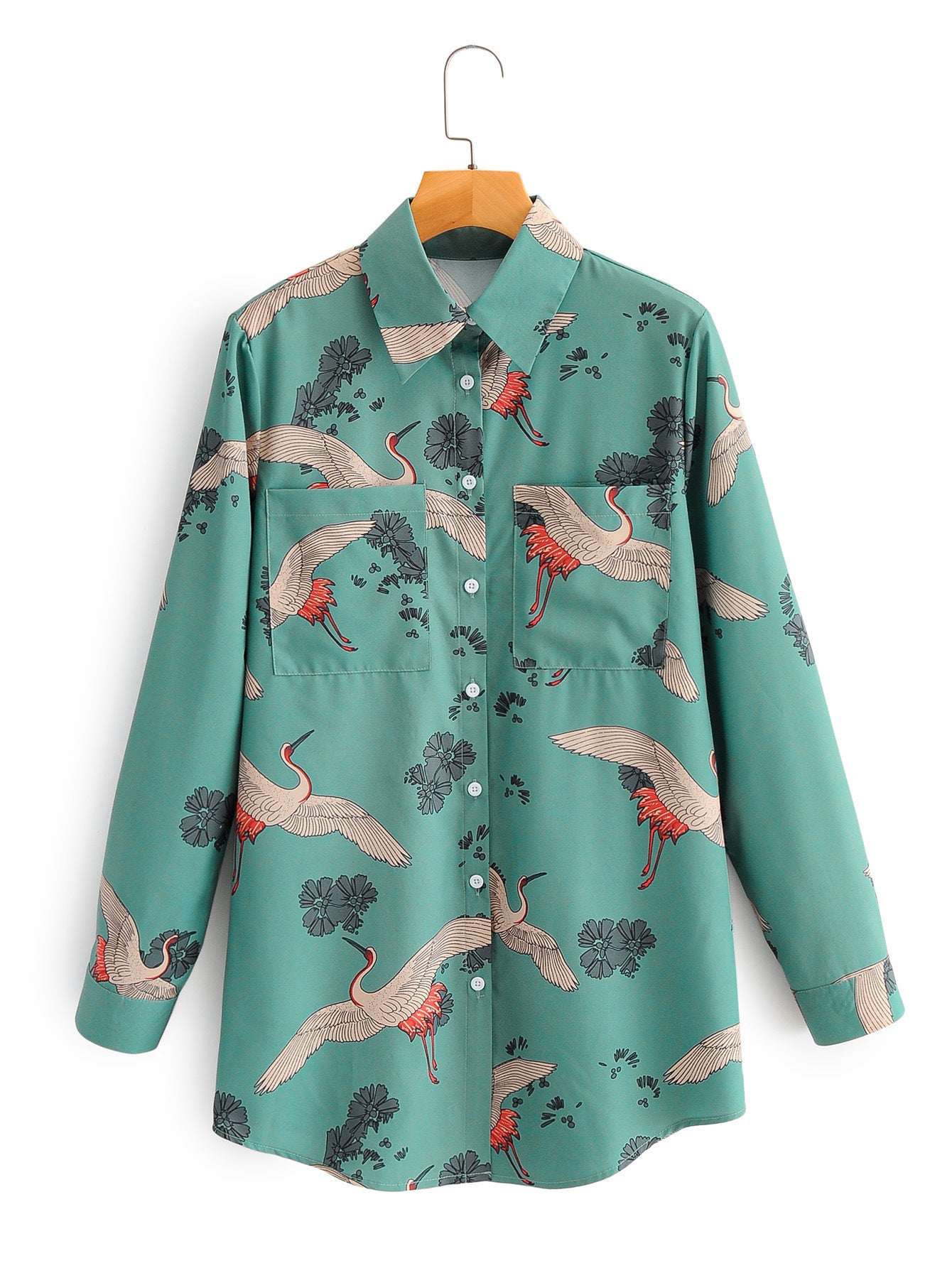European and American Crane Print Casual Loose Pocket Shirt