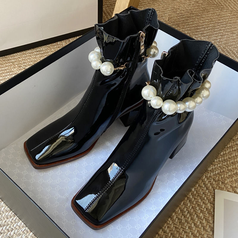 Square Toe Chunky Heel Short Pearl Boots Women