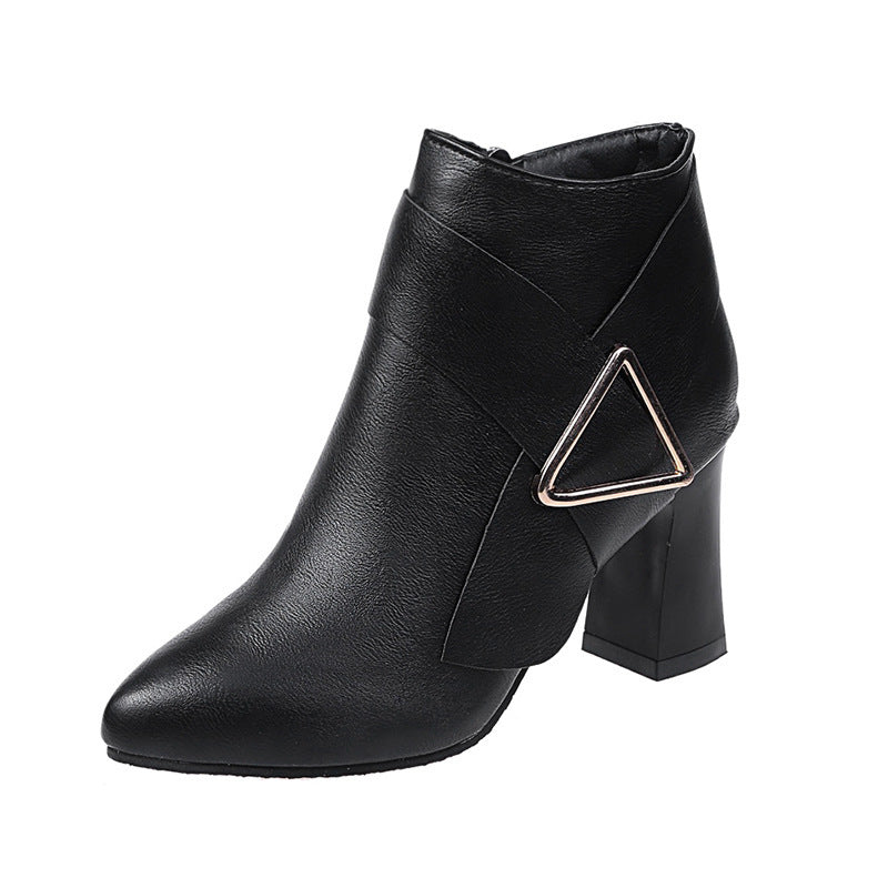 High heels pointed toe all-match solid color leather boots