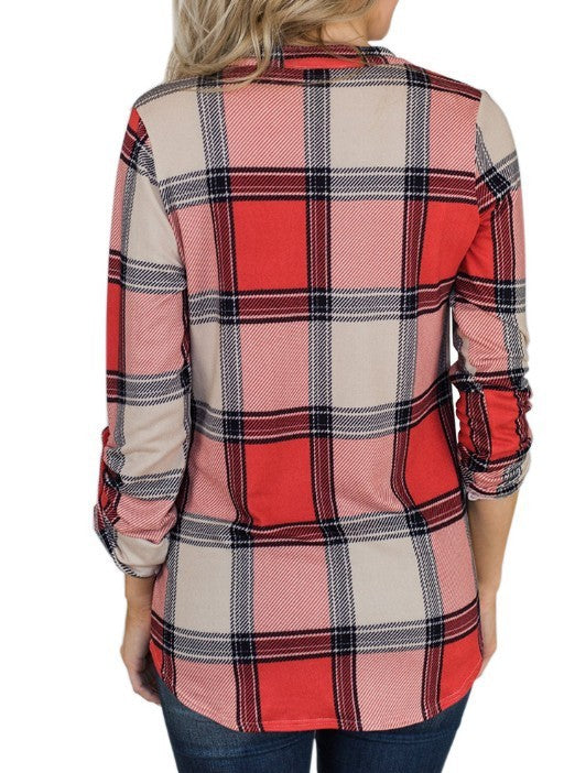 European And American V-neck Plaid Printed Casual Blouse