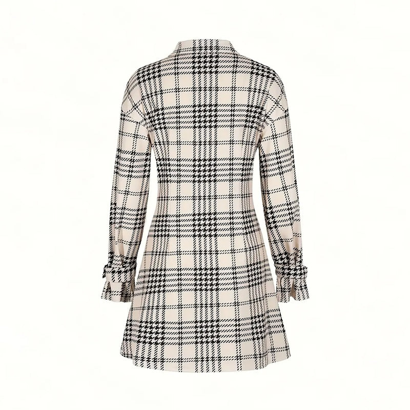 Women's Elegant Plaid Shirt Dress. Ruched Waist A-Line Mini Dress With Long Sleeves