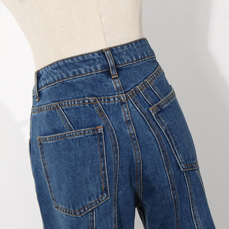 Women Spring Stitching irregular Stripes, Slim Bell Bottoms Jeans