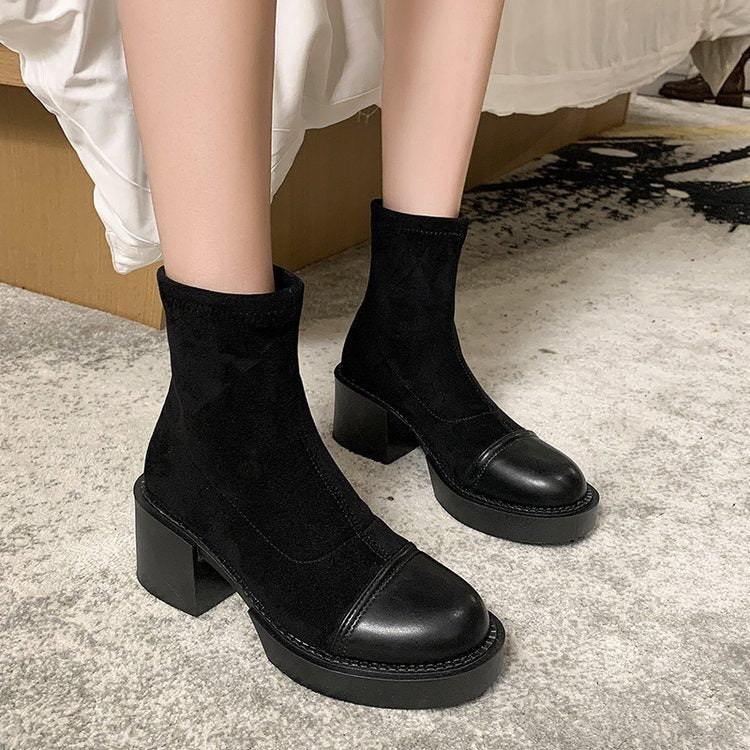 Women Short Thick Heel Boots with Stitching