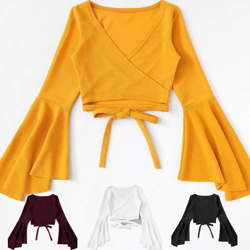 Flared Sleeve Lace Up Navel Exposed Long Sleeve T-Shirt For Women