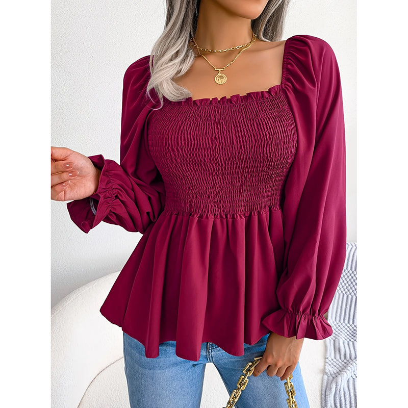 Women's Peplum Tops. Square Neck Ruffle Trim Long Sleeve Blouse, Smocked Top Dressy Casual Shirts