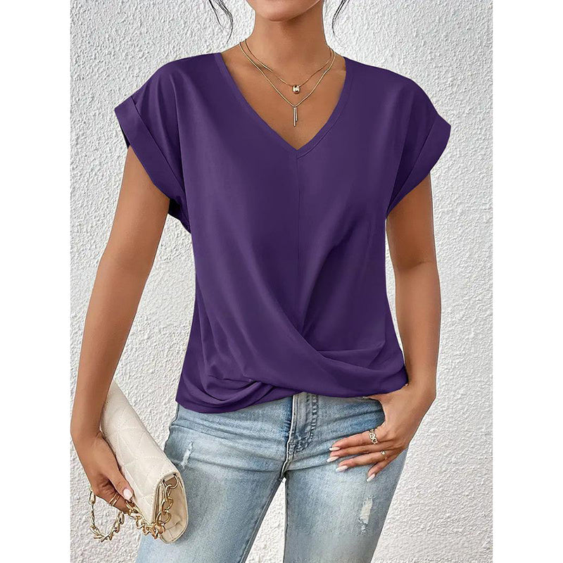 Women's Comfy Casual Summer Tops Short Sleeve V Neck Blouses T Shirts Twist Knot Basic Tees