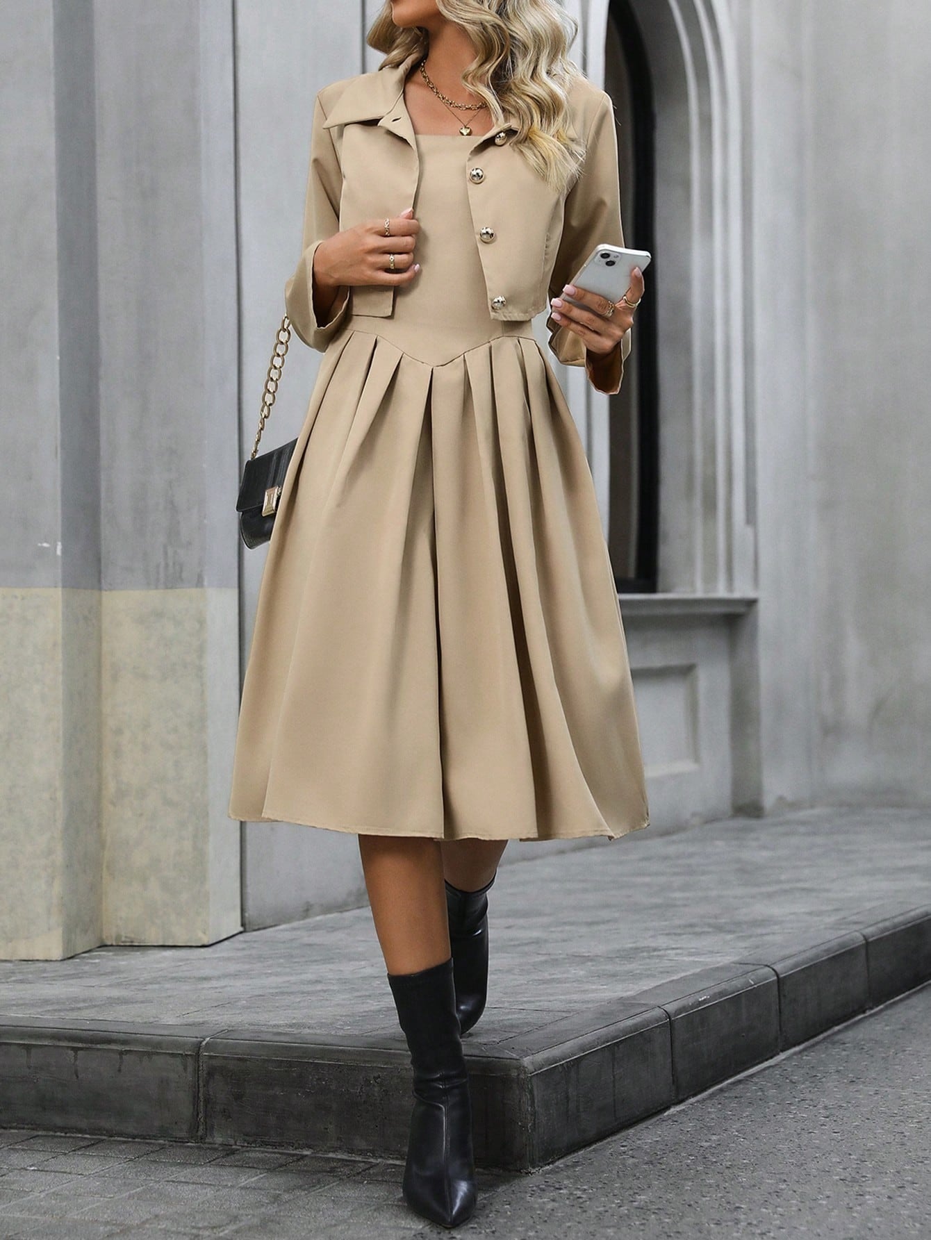Solid Color Front Button Up Shirt And Pleated Dress